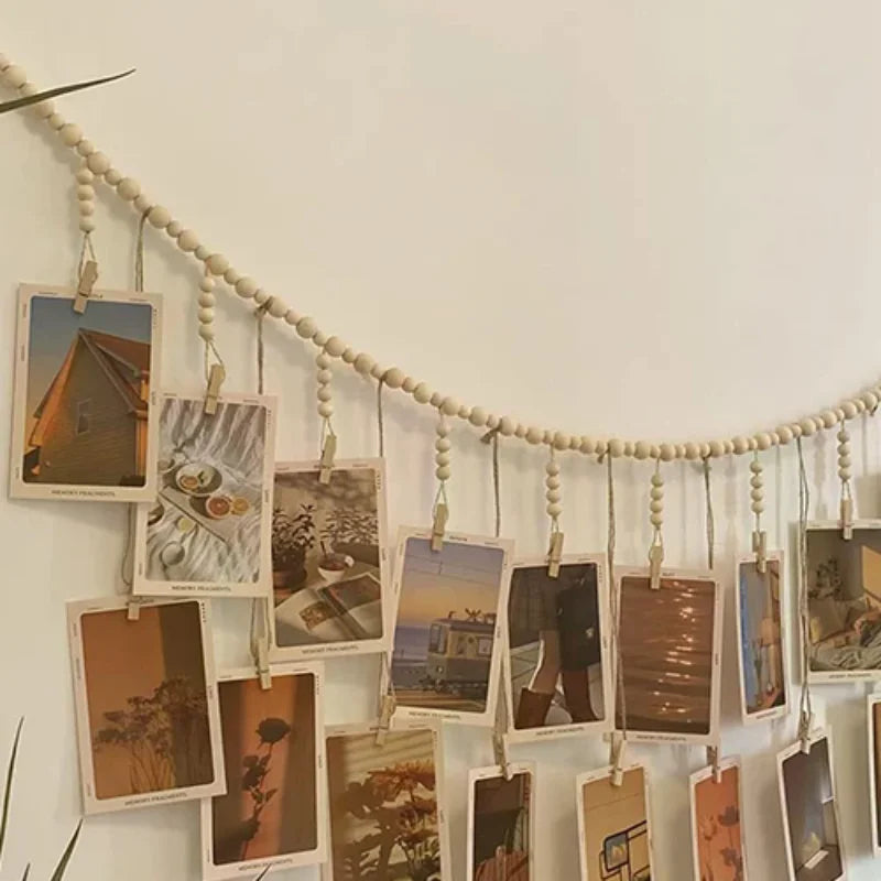 Boho Macrame Photo Display Wall Hanging – Wooden Bead Tapestry