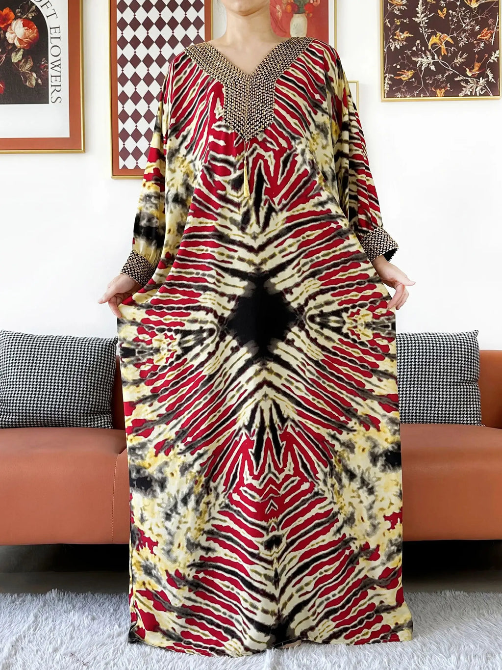 Embroidered Cotton Abaya Maxi Dress | Boho Long Sleeve V-Neck