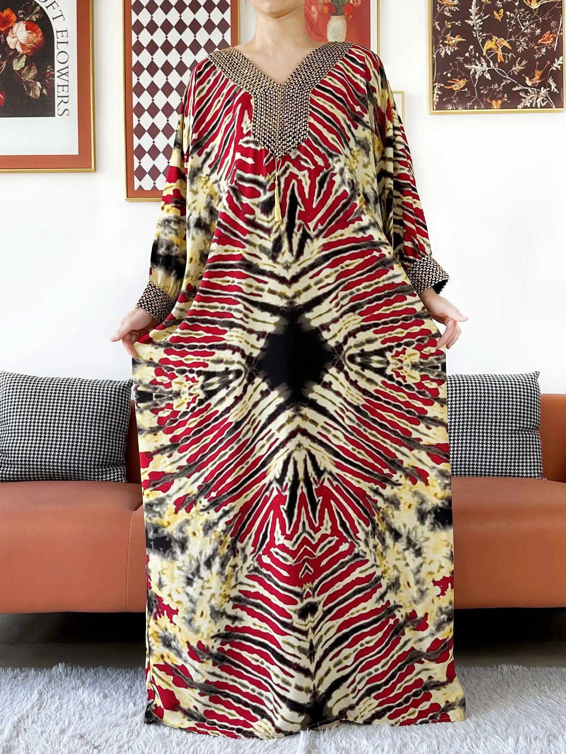 Embroidered Cotton Abaya Maxi Dress | Boho Long Sleeve V-Neck