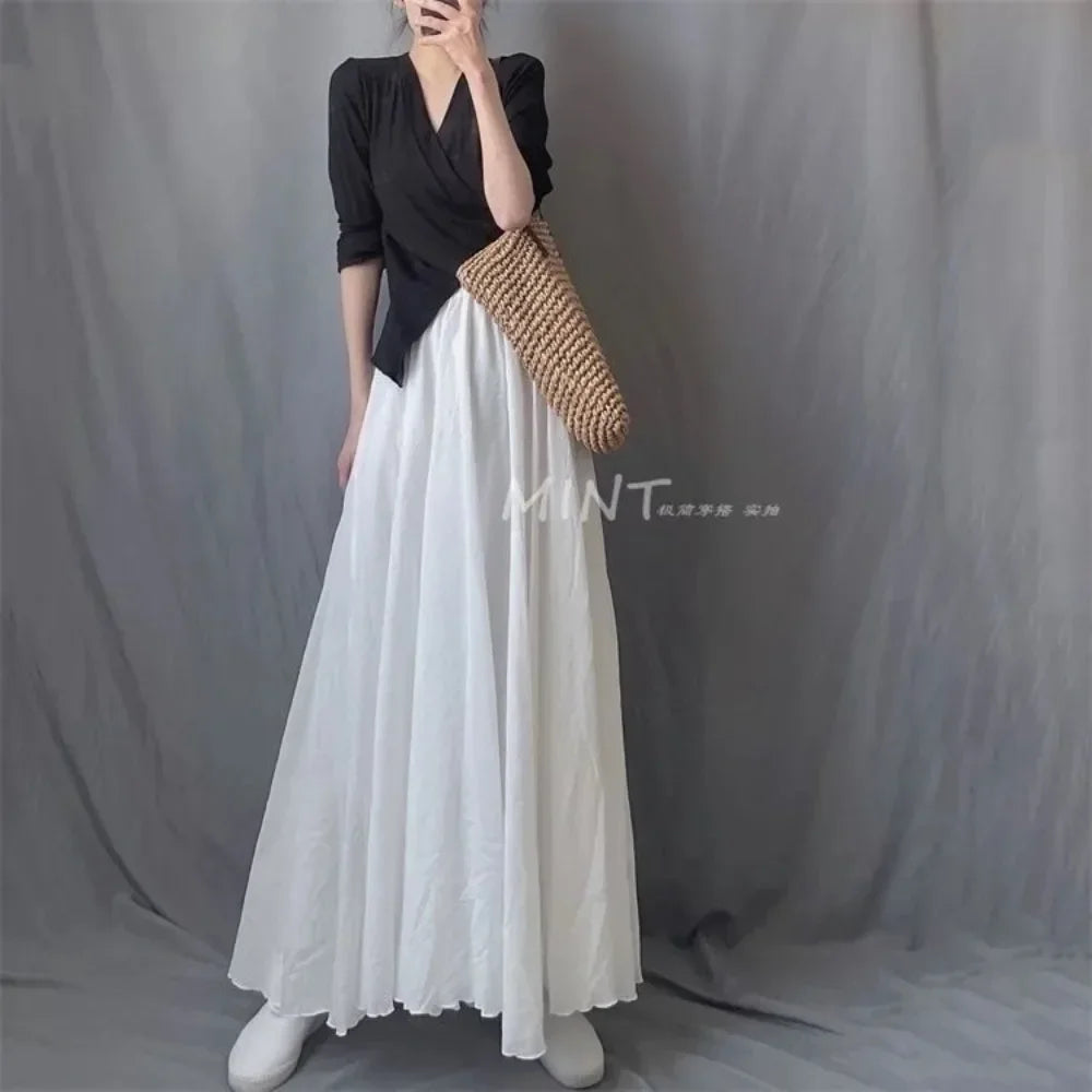 Boho Cotton Linen Maxi Skirt | Elastic Waist Pleated Floor-Length Skirt