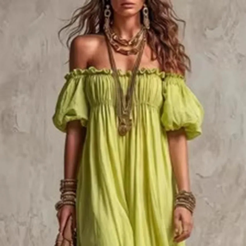 Off-Shoulder Pleated Maxi Dress | Boho Empire Waist A-Line