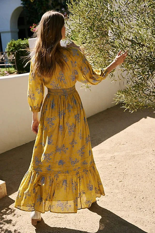 Floral Boho Midi Dress | V-Neck Puff Sleeve Hollow-Out