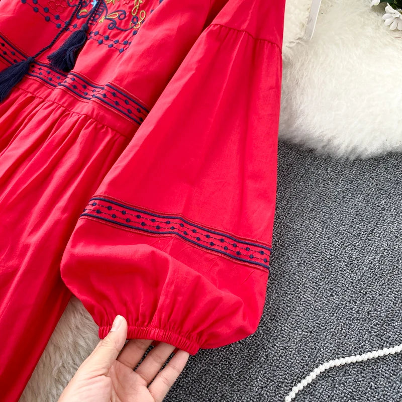 Embroidered Lantern Sleeve Boho Midi Dress | Lace-Up A-Line