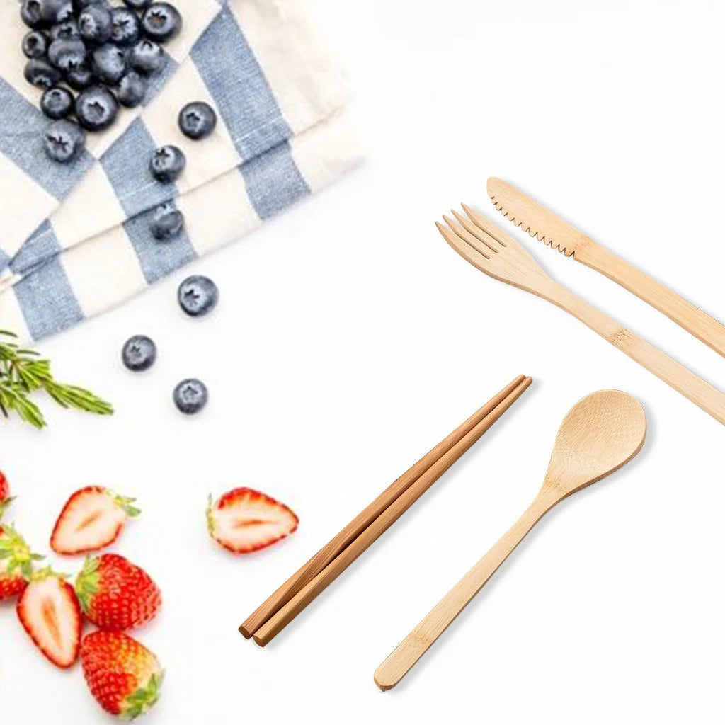 Bamboo Travel Cutlery Set | 6-Piece Reusable Eco Utensils with Carrying Pouch