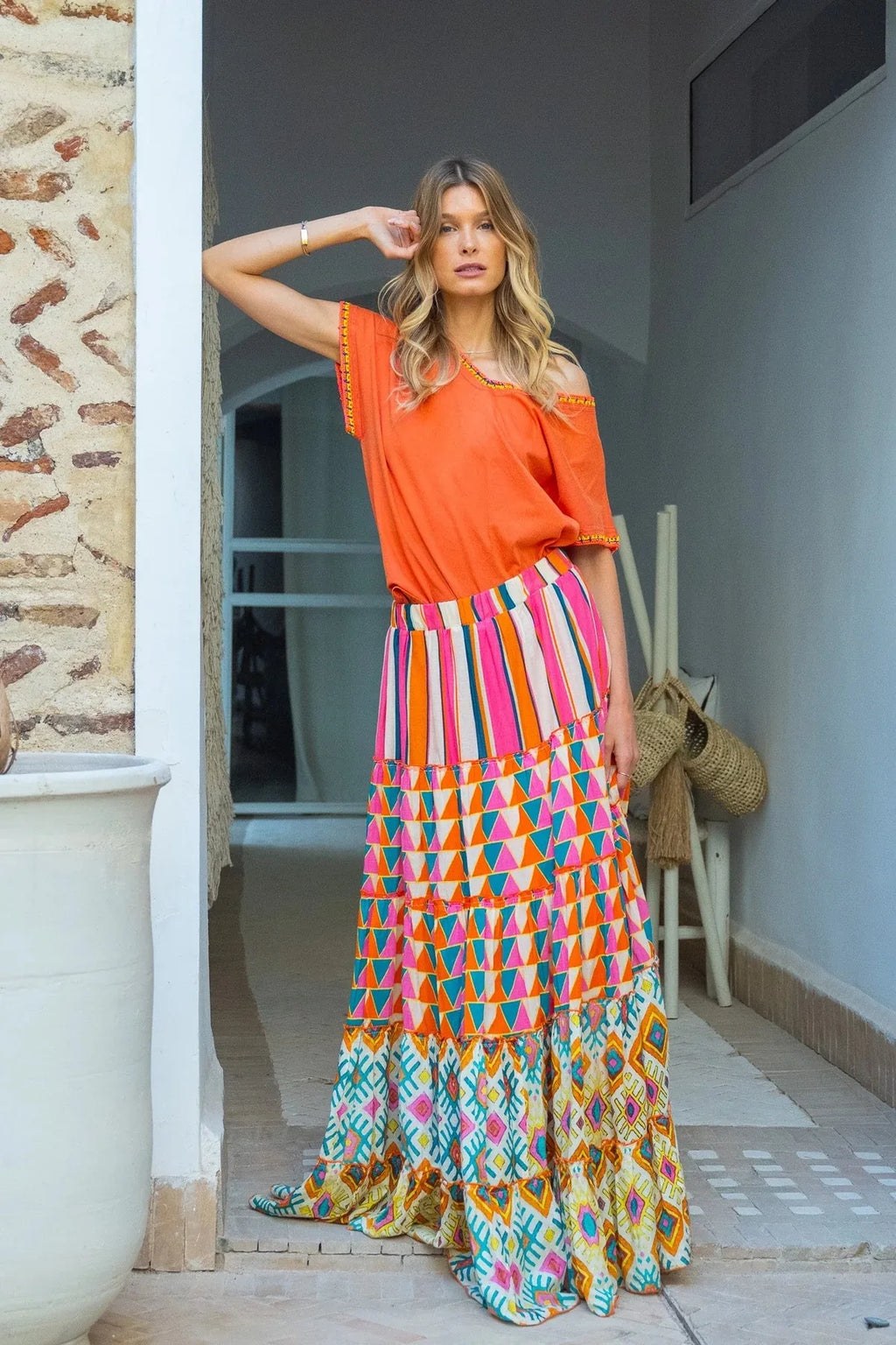 Casual Boho Print Skirt Elegant Elastic Waist A-line Ruffle Big Hem Skirt Beach Vacation Women's Clothing Loose Long Skirt