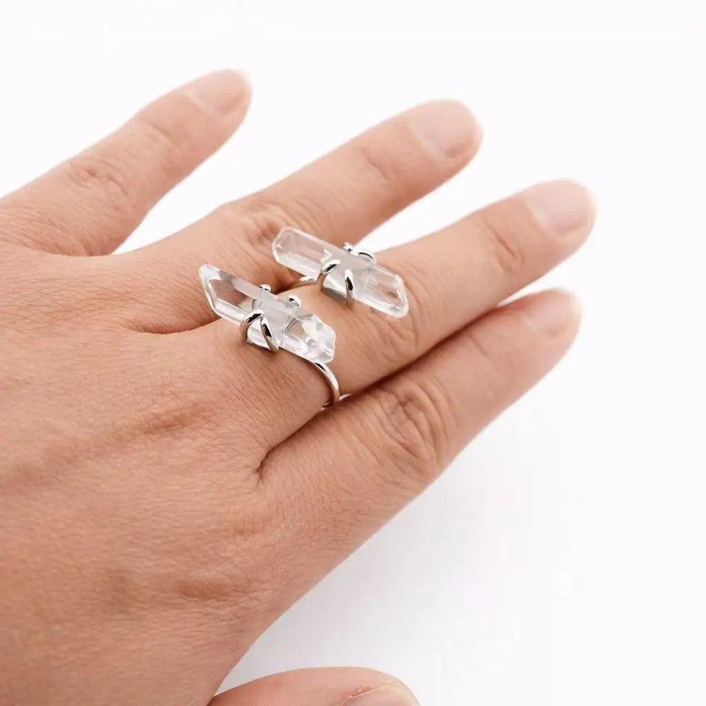 Boho Natural Clear Quartz Raw Crystal Open Ring – Healing Energy Stone Ring