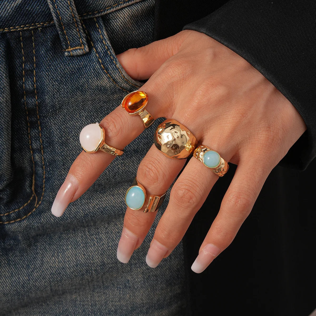 Boho 5-Piece Resin Geometric Stackable Ring Set – Retro Irregular Wide Knuckle Rings