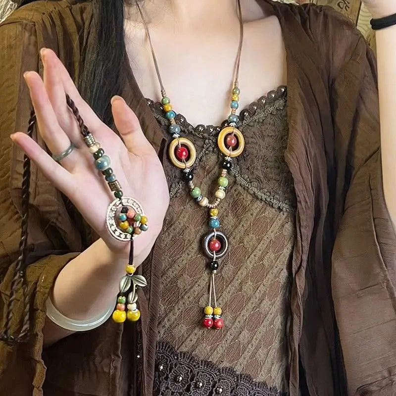 Boho Wooden Beaded Long Pendant Sweater Chain Necklace – Handmade Ethnic Style