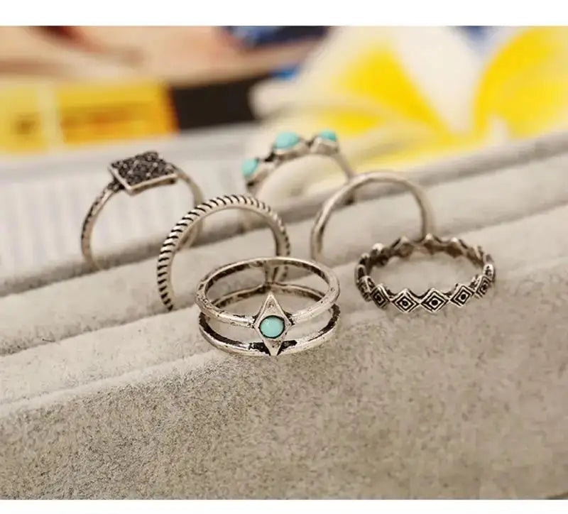 Boho 6-Piece Geometric Stone Resin Ring Set – Minimalist Retro Stackable Rings