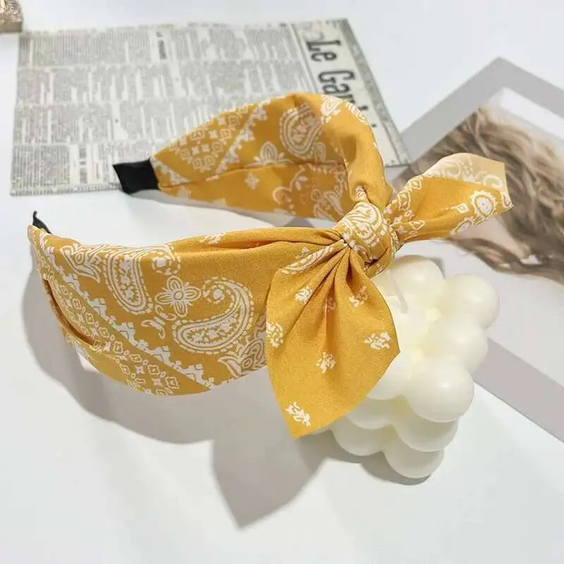Boho Bow Print Wide Headband – Vintage Silk Cross-Knot Hair Hoop