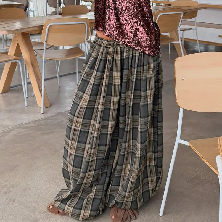 Fashion Loose Plaid Women's Pants 2026 Vintage High Waist Wide Trousers Elegant Classic Pants Female Clothing Streetwear