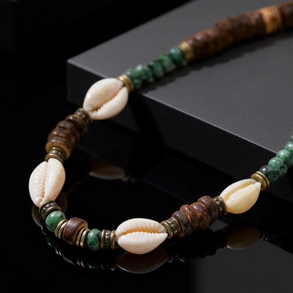 Boho Coconut Shell & Conch Charm Necklace | Adjustable Ocean Beach Jewelry