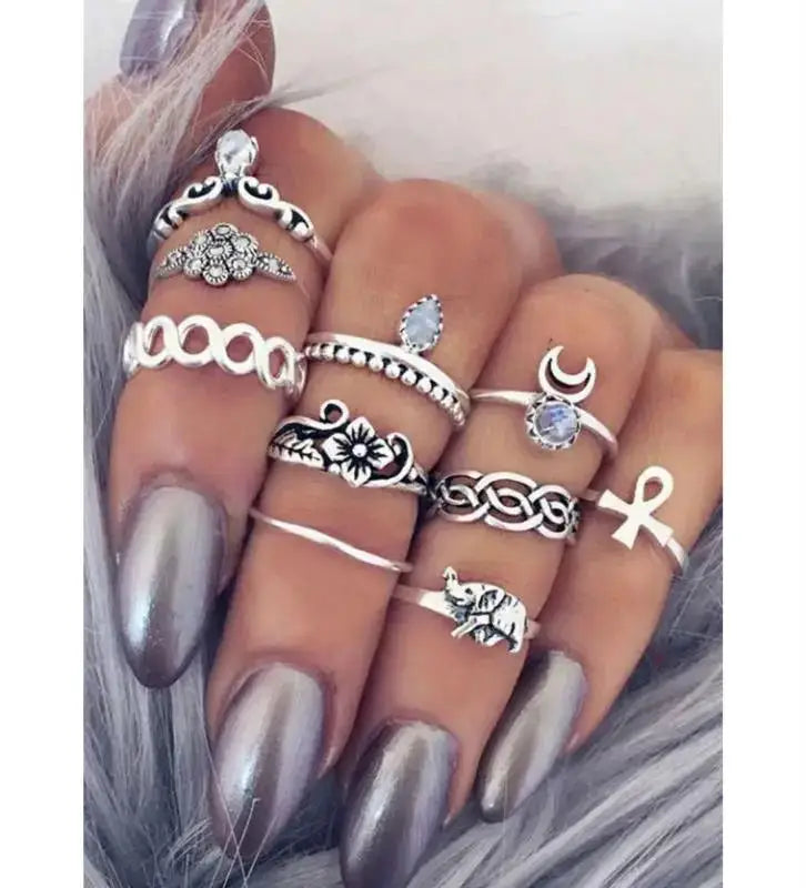 Boho 6-Piece Geometric Stone Resin Ring Set – Minimalist Retro Stackable Rings