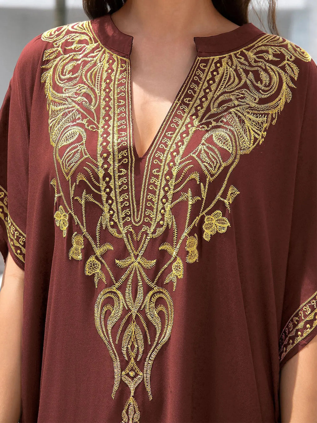 Boho Embroidered Batwing Sleeve Beach Cover-Up Dress – Loose A-Line V-Neck Summer Dress