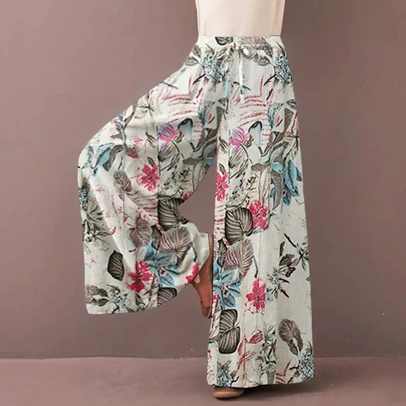 Boho Floral Wide Leg Pants Women Casual High Waist Drawstring Loose Palazzo Trousers Summer Beach Rayon Flowy Bottoms with Pocke
