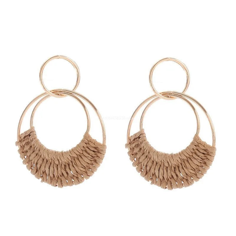 Boho Rattan Wicker Hoop Earrings – Straw Round Dangle Drop Earrings for Women