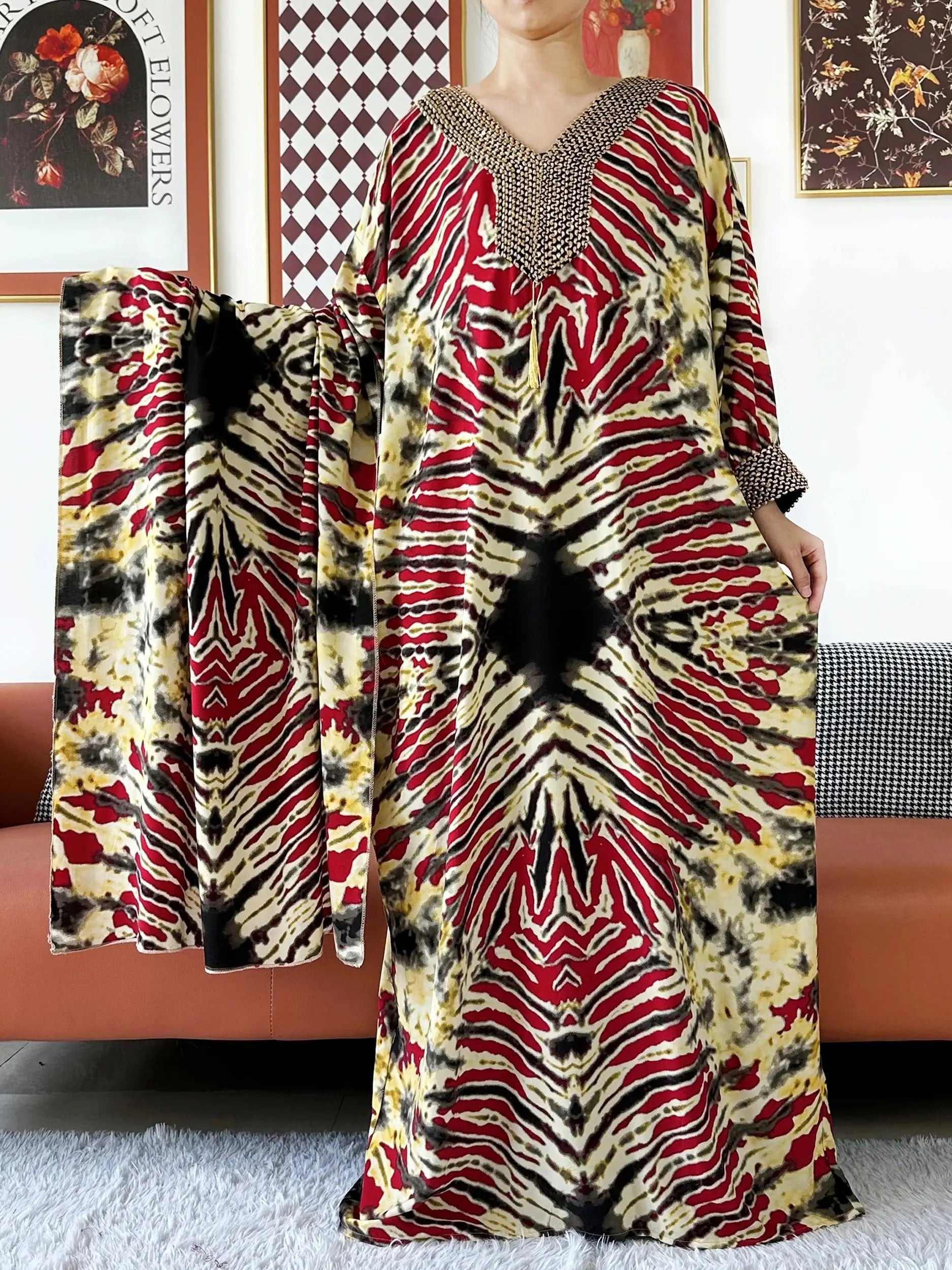 Embroidered Cotton Abaya Maxi Dress | Boho Long Sleeve V-Neck