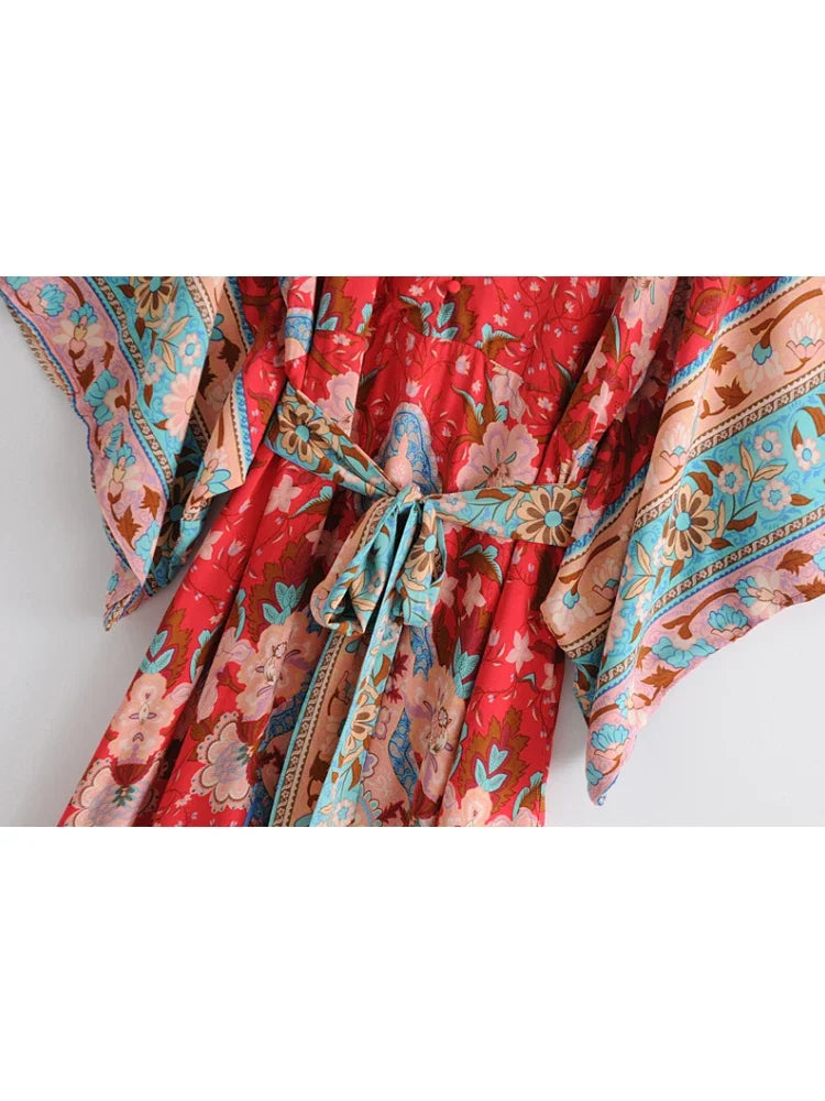 Boho Floral Print Maxi Dress with Batwing Sleeves