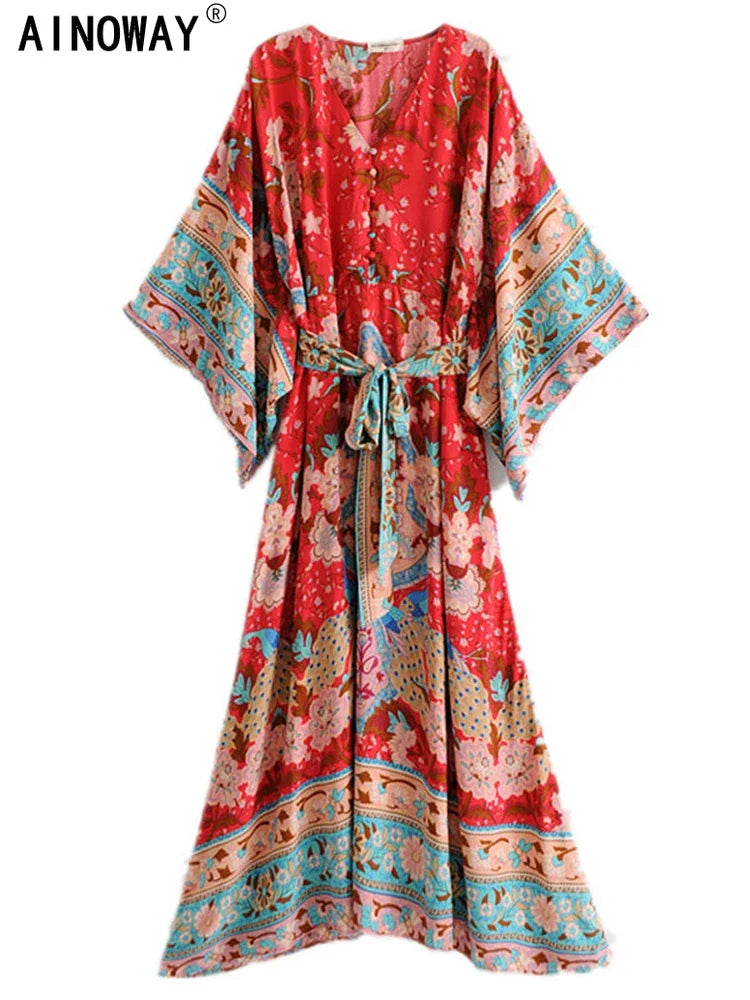 Boho Floral Print Maxi Dress with Batwing Sleeves