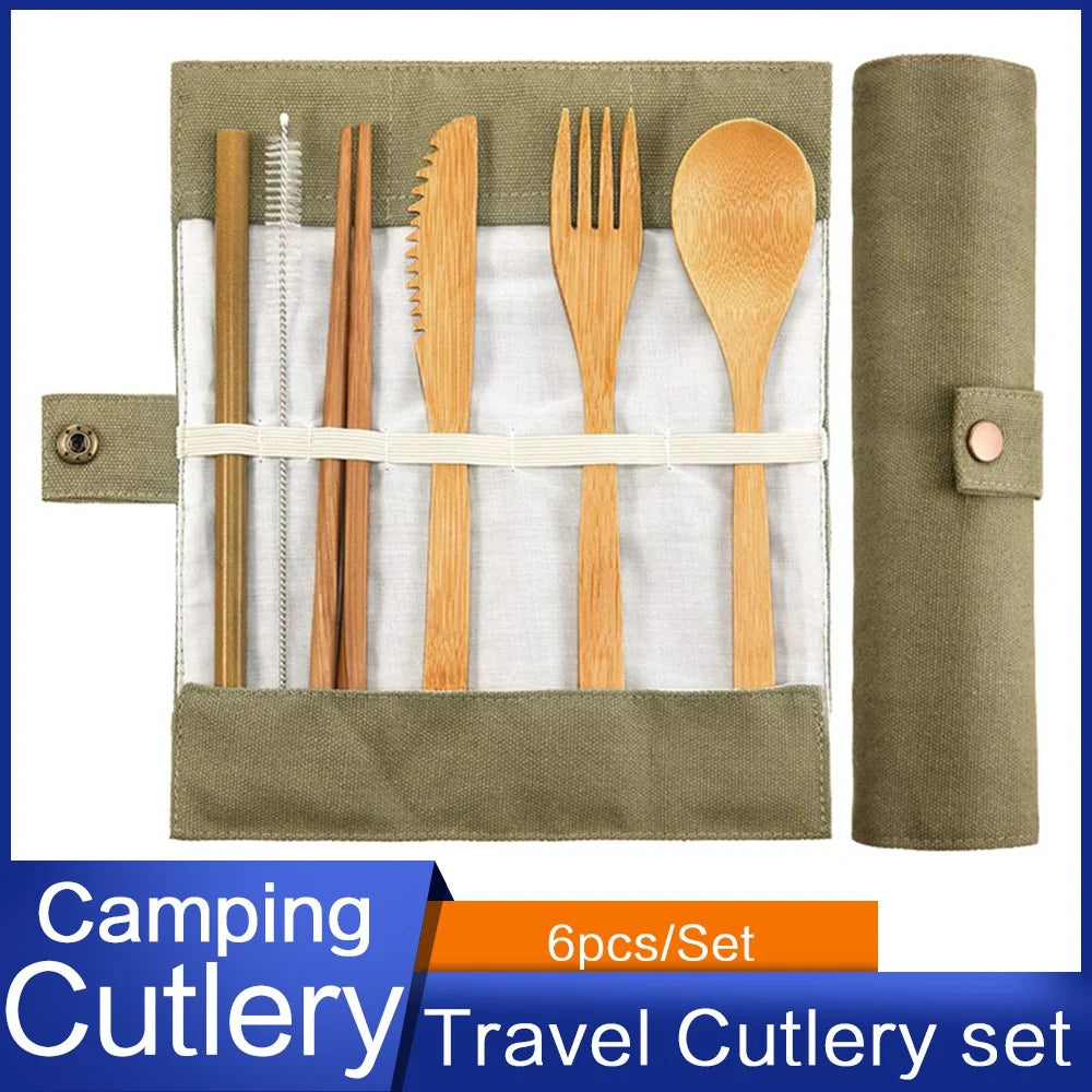 Bamboo Travel Cutlery Set | 6-Piece Reusable Eco Utensils with Carrying Pouch
