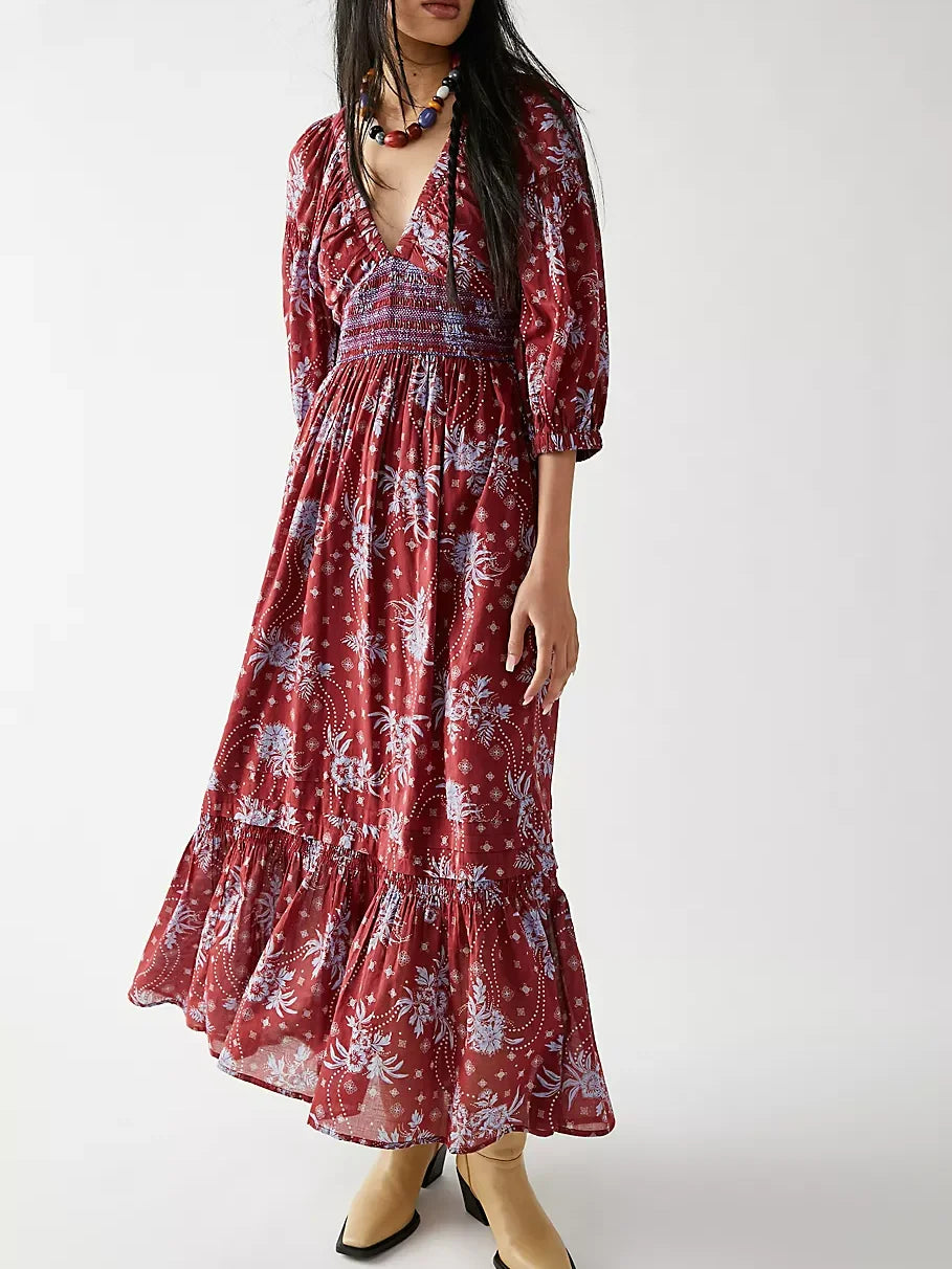 Floral Boho Midi Dress | V-Neck Puff Sleeve Hollow-Out