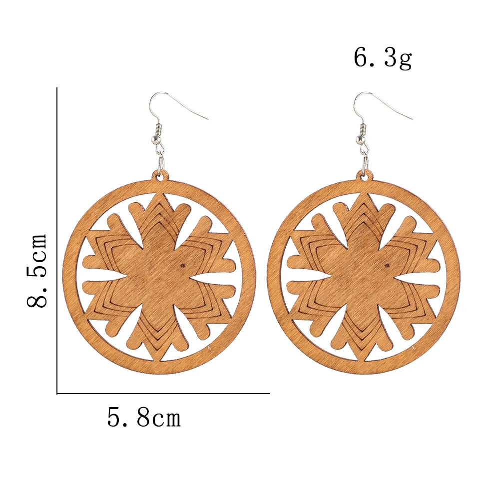 Boho Handmade Geometric Wooden Dangle Earrings – Ethnic Carved Flower & Butterfly