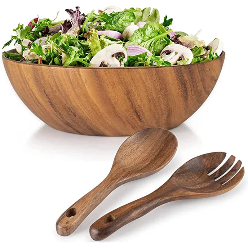 Solid Acacia Wood Bowl | Hand-Crafted Japanese-Style Wooden Salad & Serving Bowl