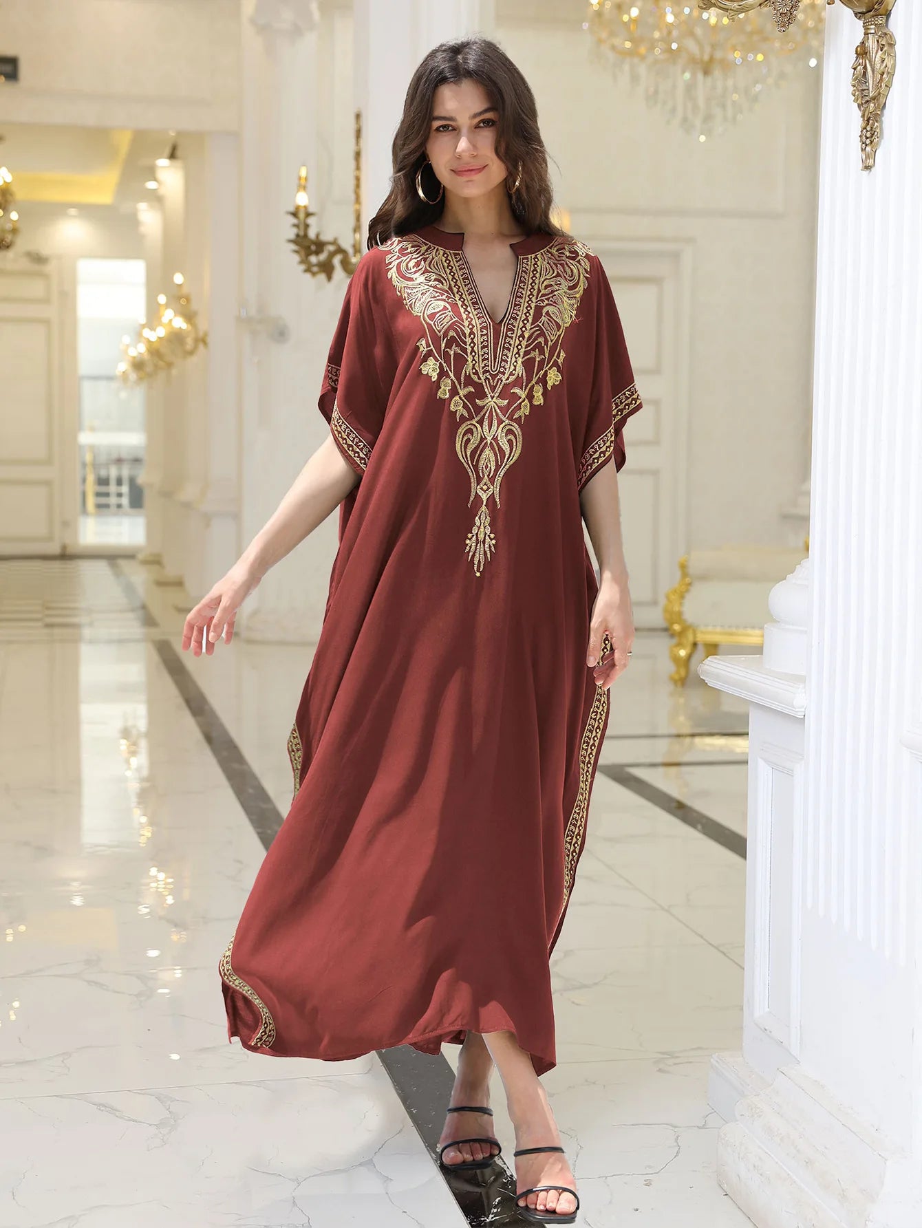 Boho Embroidered Batwing Sleeve Beach Cover-Up Dress – Loose A-Line V-Neck Summer Dress