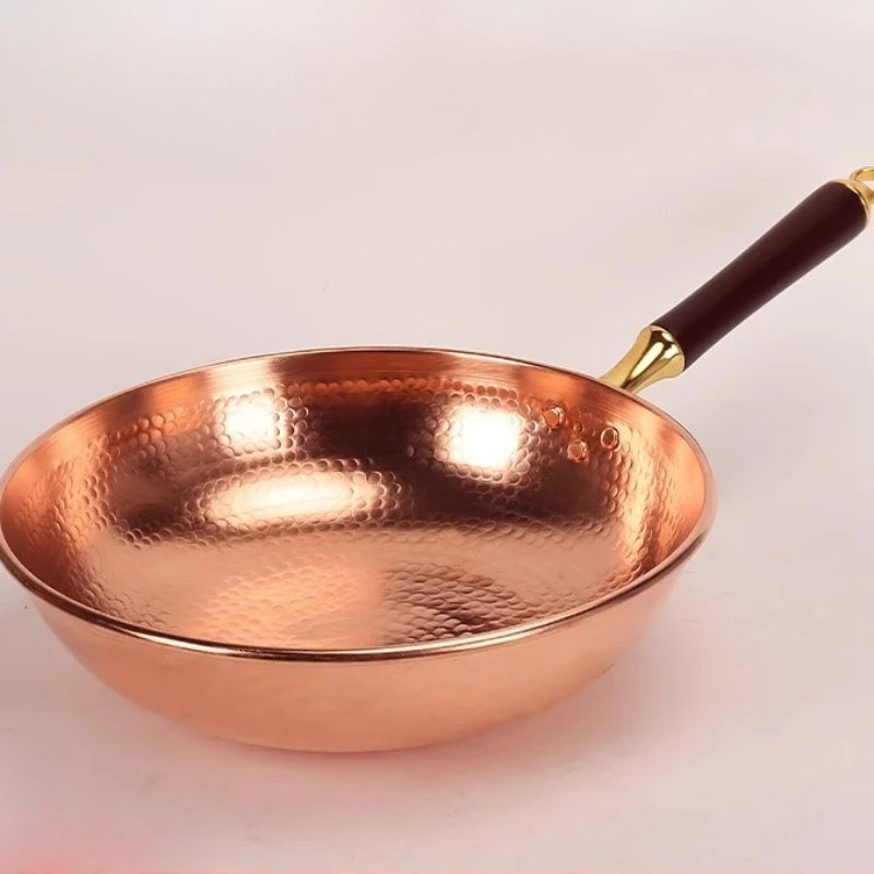 Hand-Forged Pure Copper Wok | Uncoated Traditional Wok with Beechwood Handle