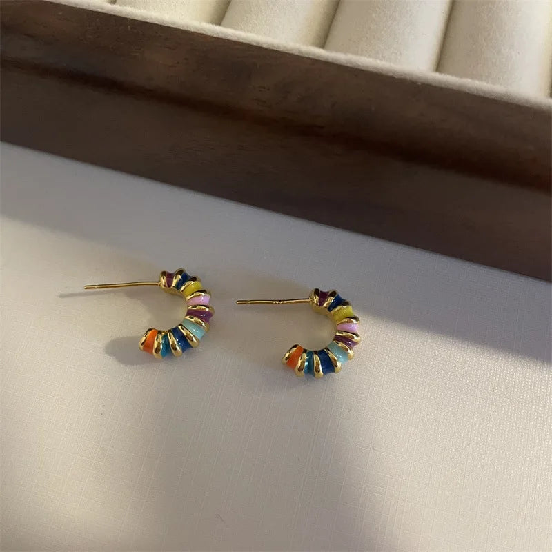 Boho Colorful Enamel Rainbow Hoop Earrings – Gold-Tone Charm Earrings for Women