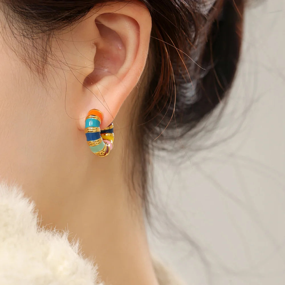 Boho Colorful Enamel Rainbow Hoop Earrings – Gold-Tone Charm Earrings for Women