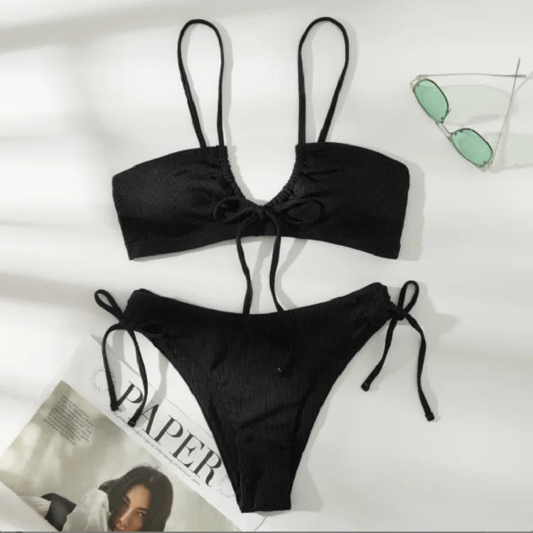 Green & Black Ribbed Bikini Set – Two-Piece Tie Thong Swimsuit