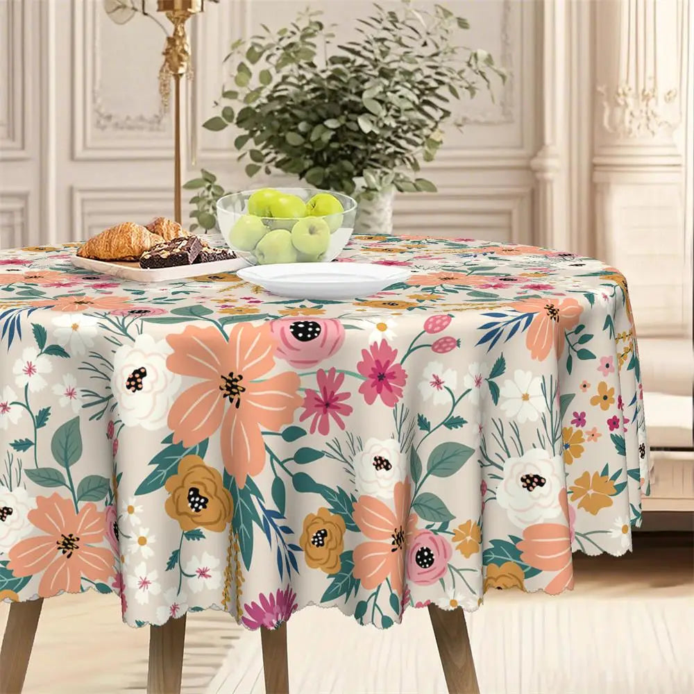 Boho Floral Round Tablecloth | Colorful Flower & Leaf Print