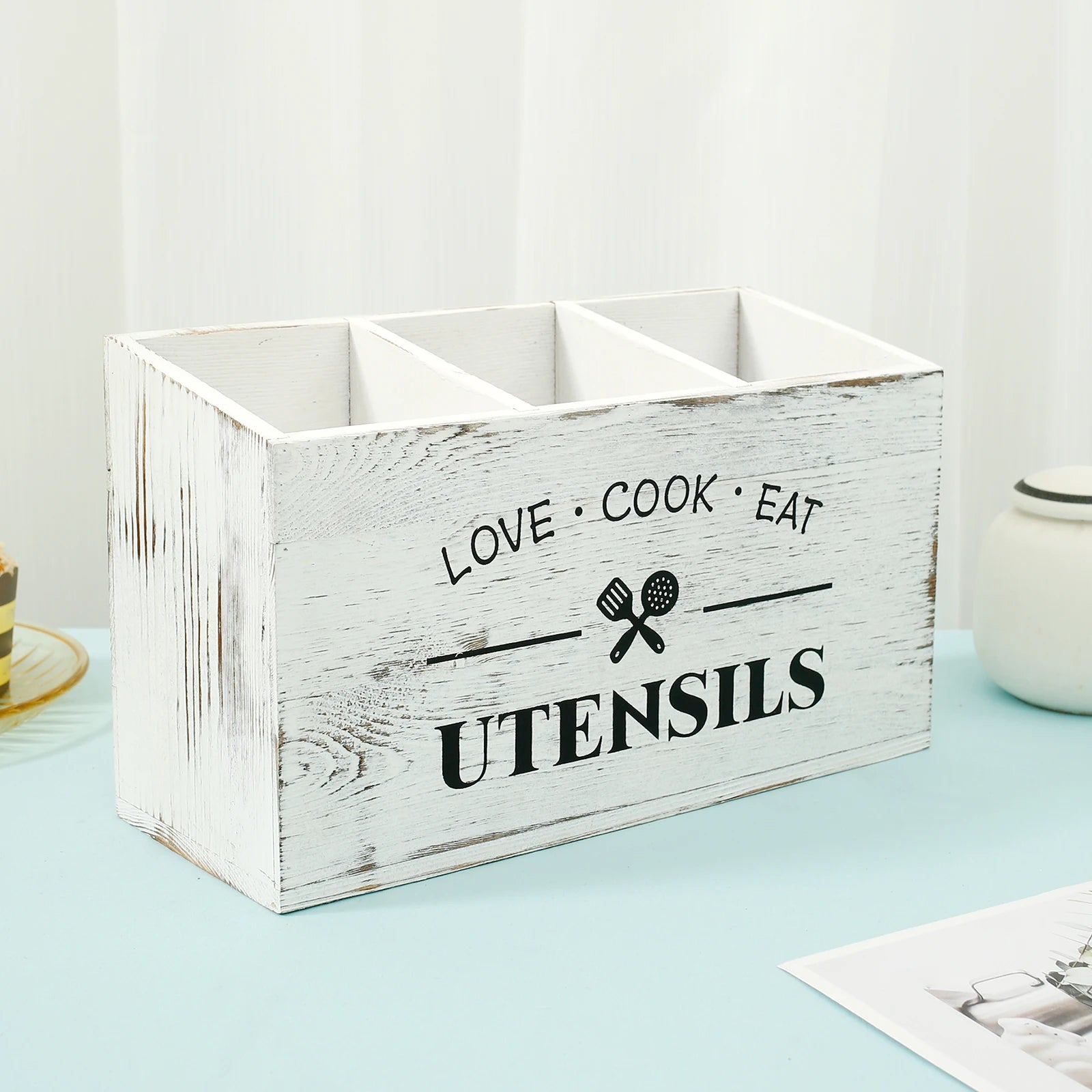 Wood Kitchen Utensil Holder | 3-Compartment Farmhouse Caddy Organizer