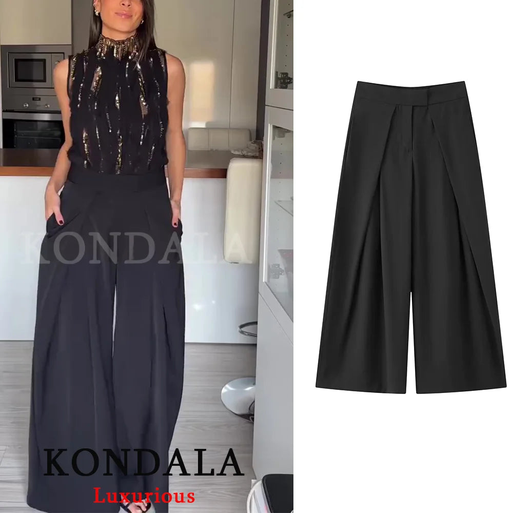 High-Waist Wide Leg Pants with Pockets & Pleats – Loose Ankle-Length Trousers for Women