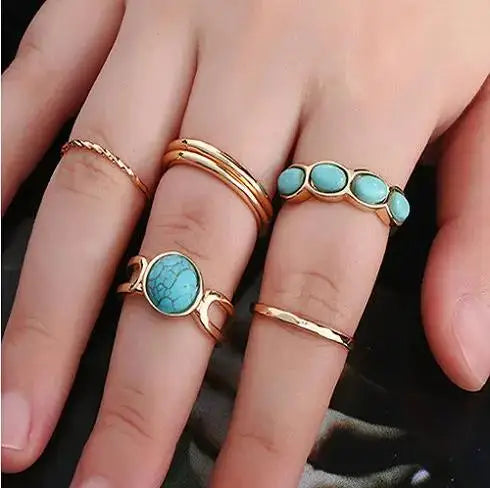 Boho 6-Piece Geometric Stone Resin Ring Set – Minimalist Retro Stackable Rings