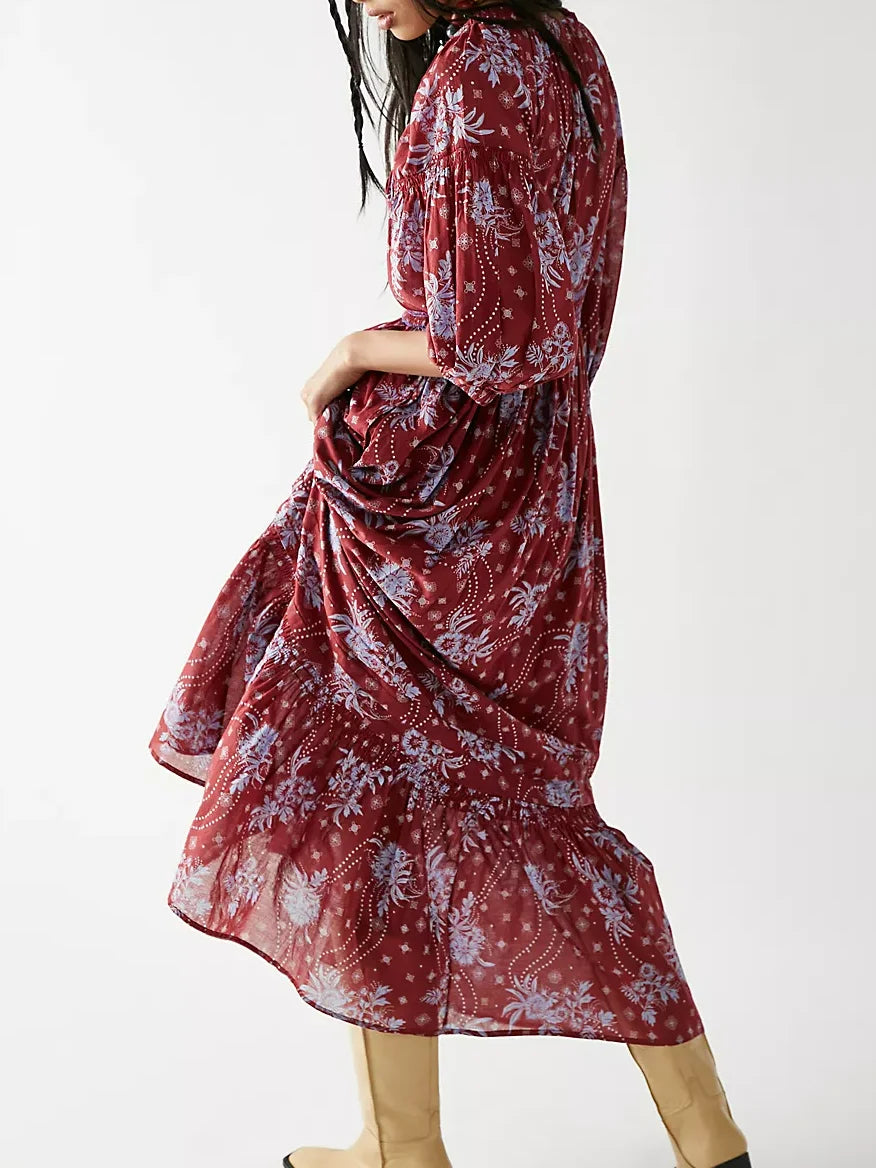 Floral Boho Midi Dress | V-Neck Puff Sleeve Hollow-Out