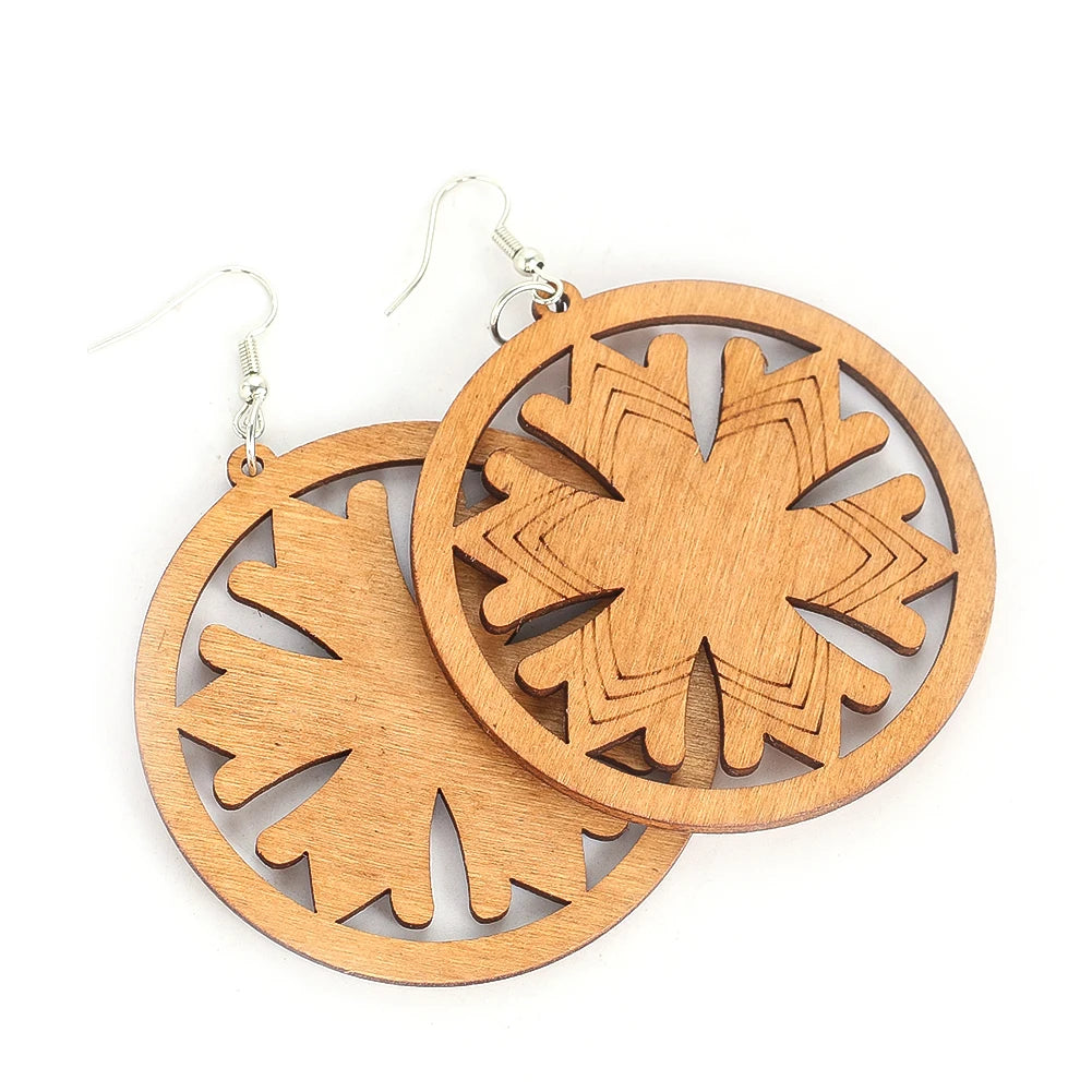 Boho Handmade Geometric Wooden Dangle Earrings – Ethnic Carved Flower & Butterfly