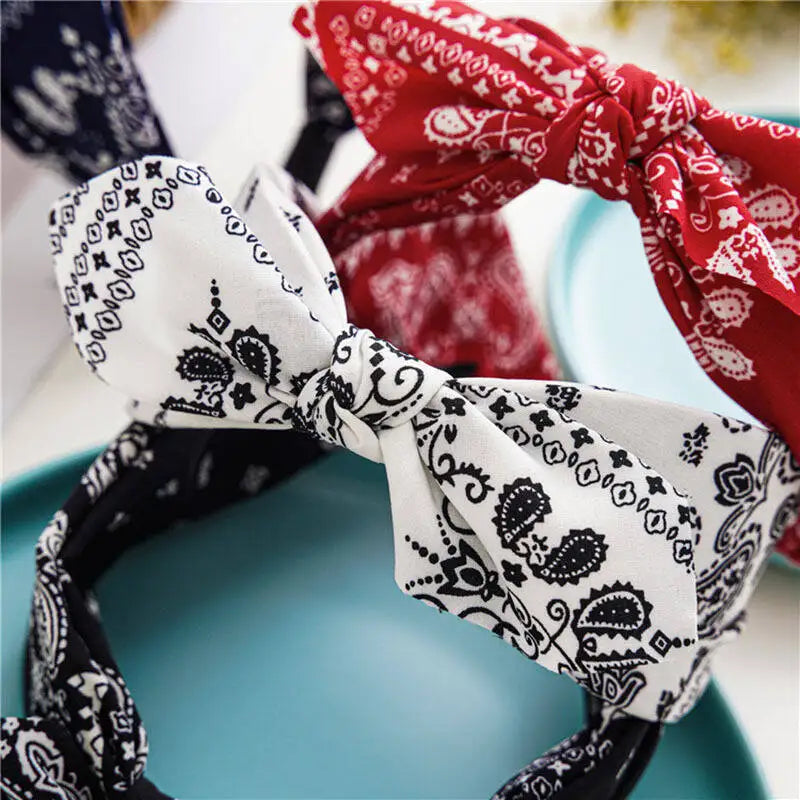 Boho Bow Print Wide Headband – Vintage Silk Cross-Knot Hair Hoop