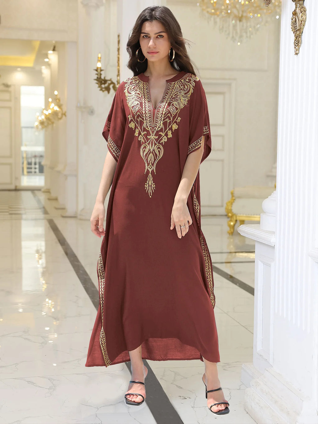 Boho Embroidered Batwing Sleeve Beach Cover-Up Dress – Loose A-Line V-Neck Summer Dress