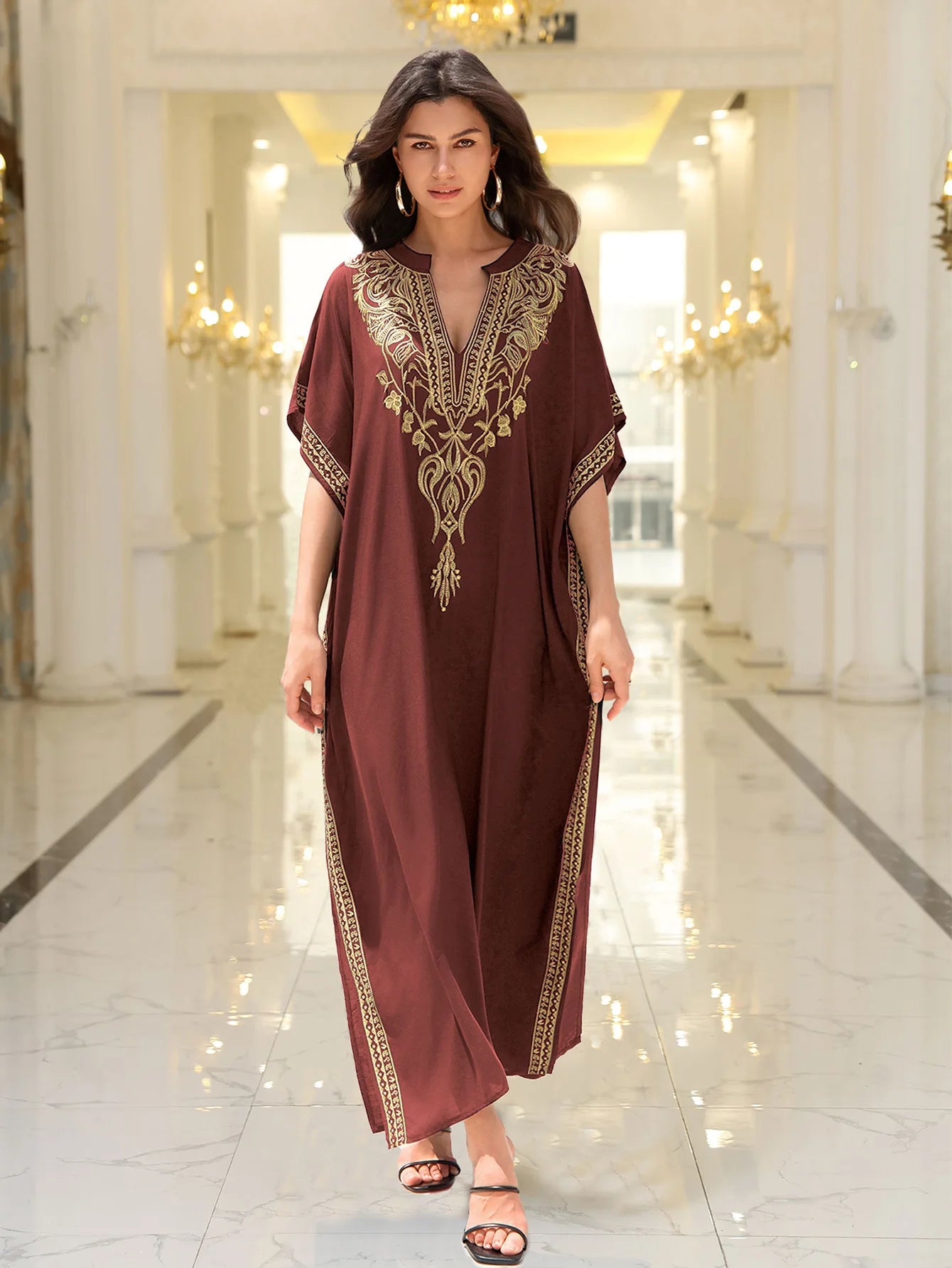 Boho Embroidered Batwing Sleeve Beach Cover-Up Dress – Loose A-Line V-Neck Summer Dress