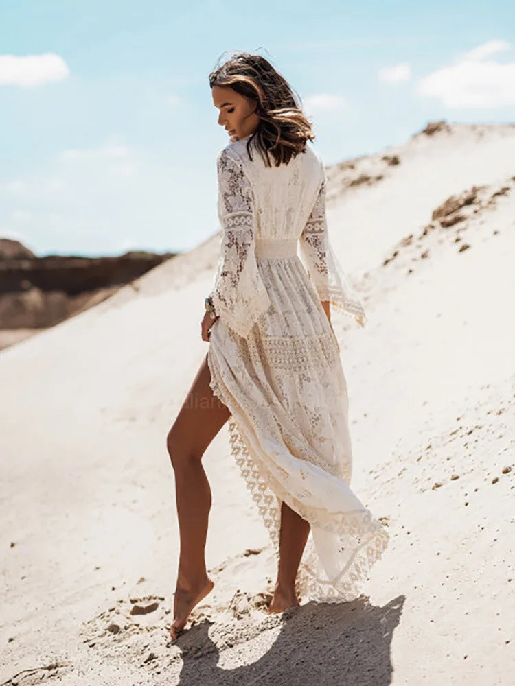 Lace Hollow-Out Boho Maxi Dress | Flare Sleeve Tassel Trim