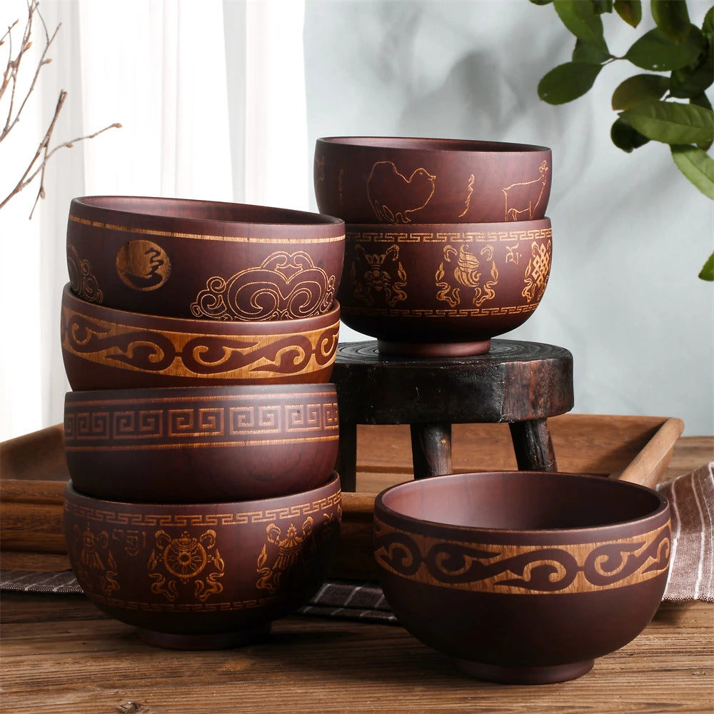 Japanese Jujube Wood Bowl with Gold Inlay | Hand-Painted Decorative Rice & Soup Bowl