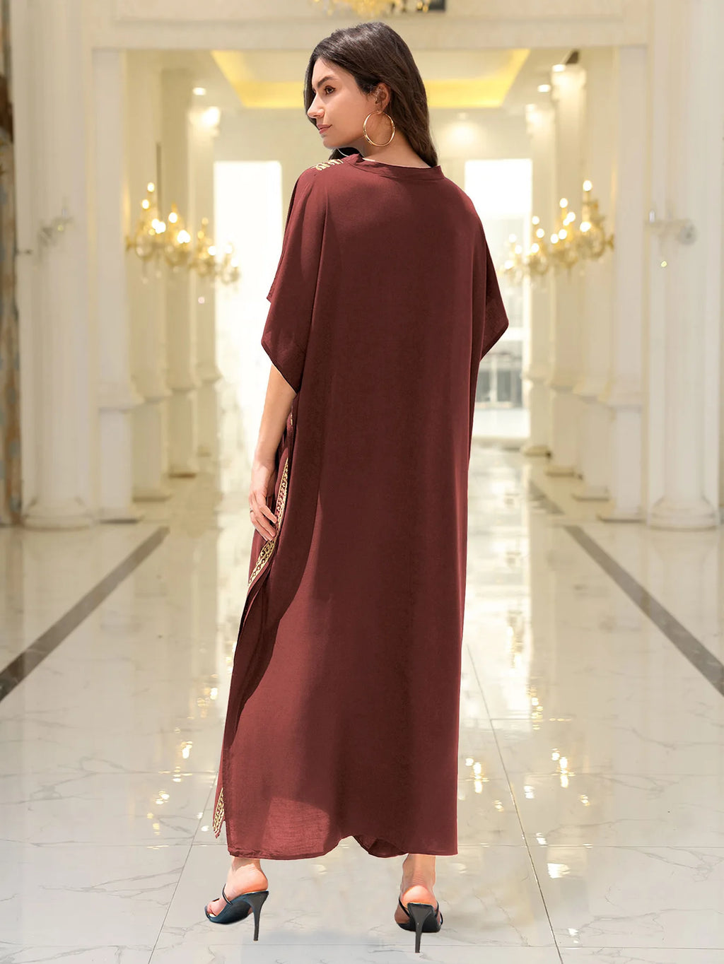 Boho Embroidered Batwing Sleeve Beach Cover-Up Dress – Loose A-Line V-Neck Summer Dress