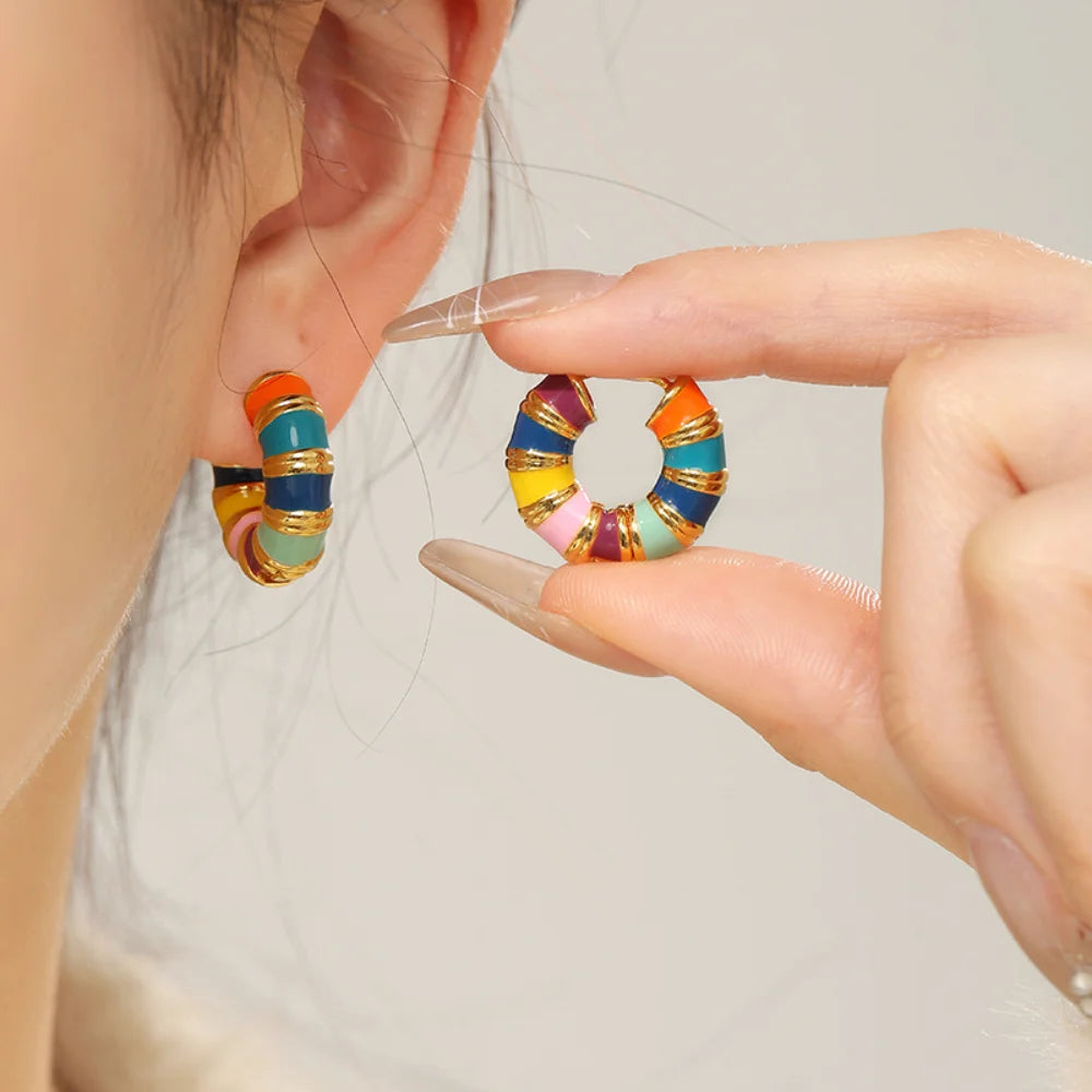 Boho Colorful Enamel Rainbow Hoop Earrings – Gold-Tone Charm Earrings for Women