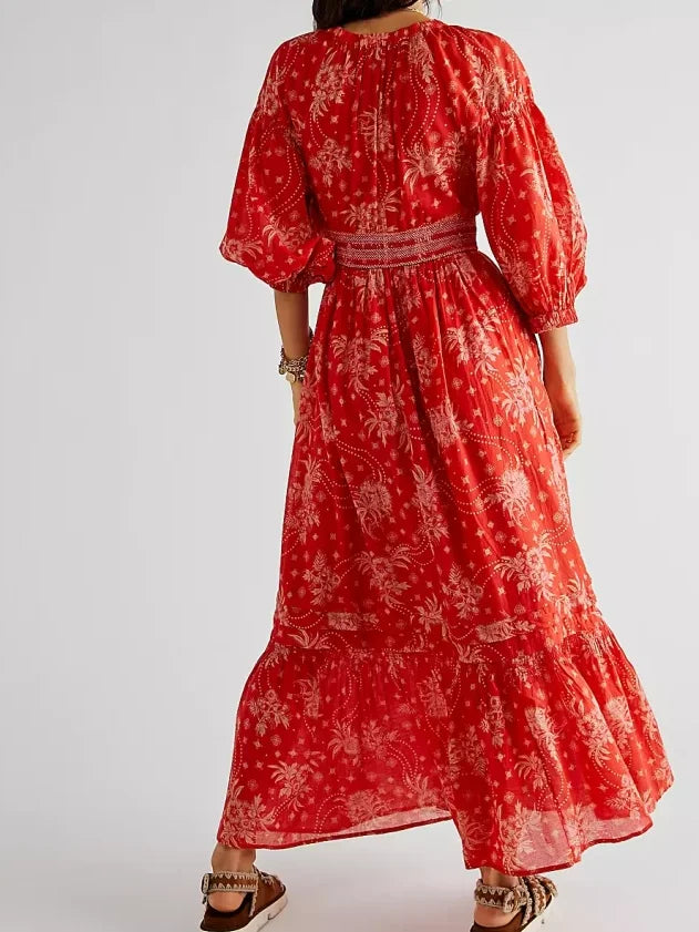 Floral Boho Midi Dress | V-Neck Puff Sleeve Hollow-Out