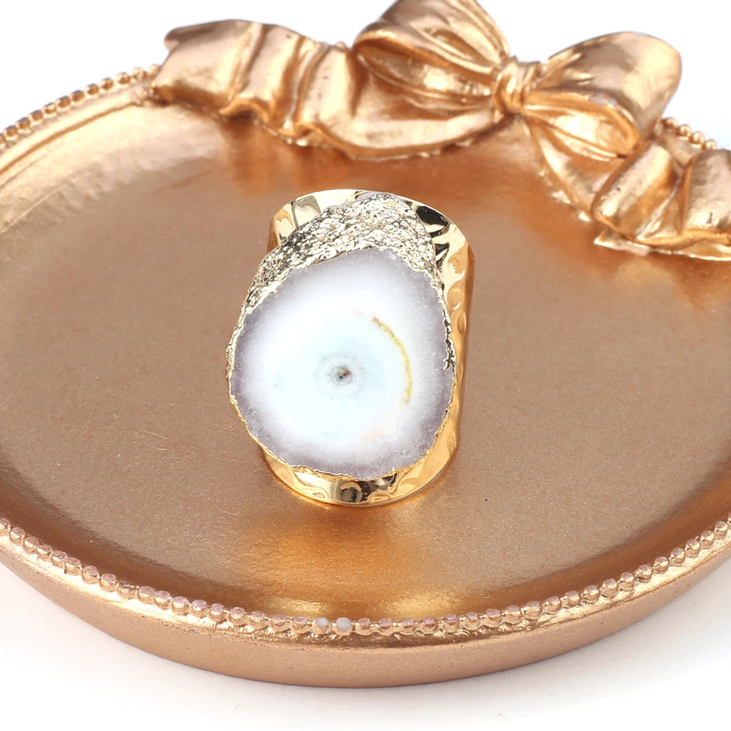 Boho Natural Agate Stone Sunflower Wide Open Ring – Gold Plated Adjustable in 6 Colors