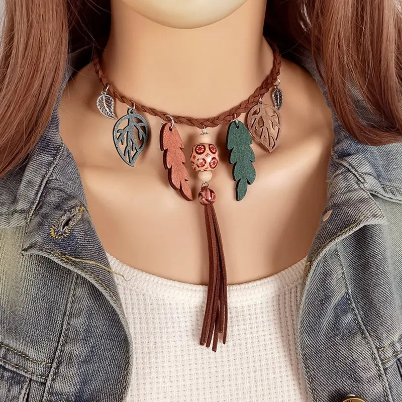 Boho Tassel & Leaf Pendant Choker Necklace – Ethnic Vintage Short Necklace