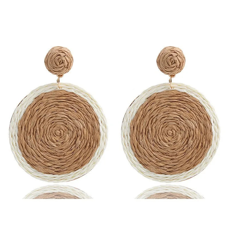 Boho Rattan Wicker Hoop Earrings – Straw Round Dangle Drop Earrings for Women