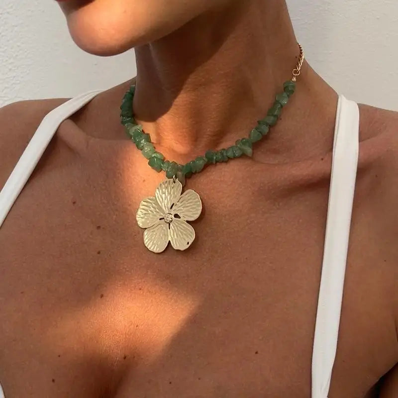 Boho Irregular Natural Stone & Metal Flower Clavicle Chain Necklace